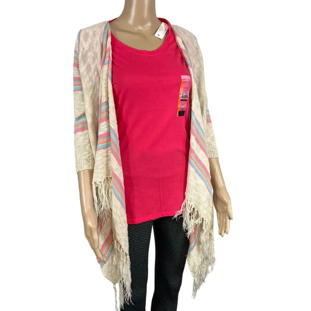 Maurices Womens Cardigan Sweater Crochet Back Striped Fringed Open Front Medium